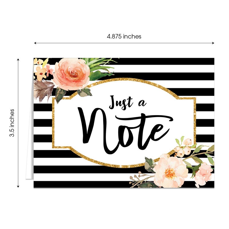 Canopy Street Black Stripe Floral And Faux Glitter Note Cards / 24 Just A Note Cards/All Occasion Greeting Cards / 3 1/2" x 4 7/8" Floral Cards - Image 5